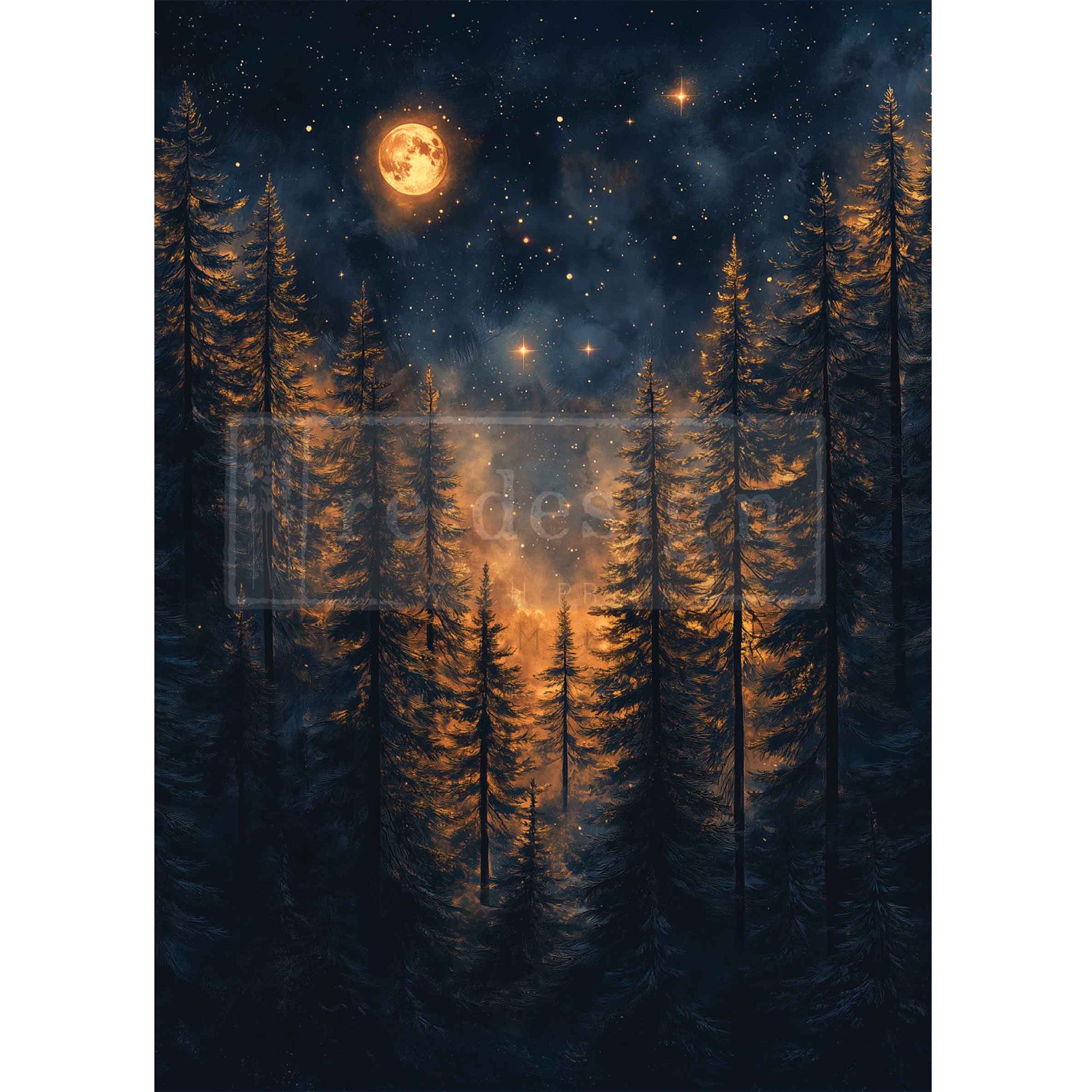 Decoupage paper of a forest at night with a full moon and stars