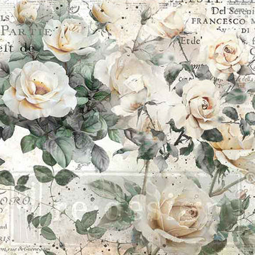 Close-up of a fiber paper design featuring creamy white roses against vintage French writing.
