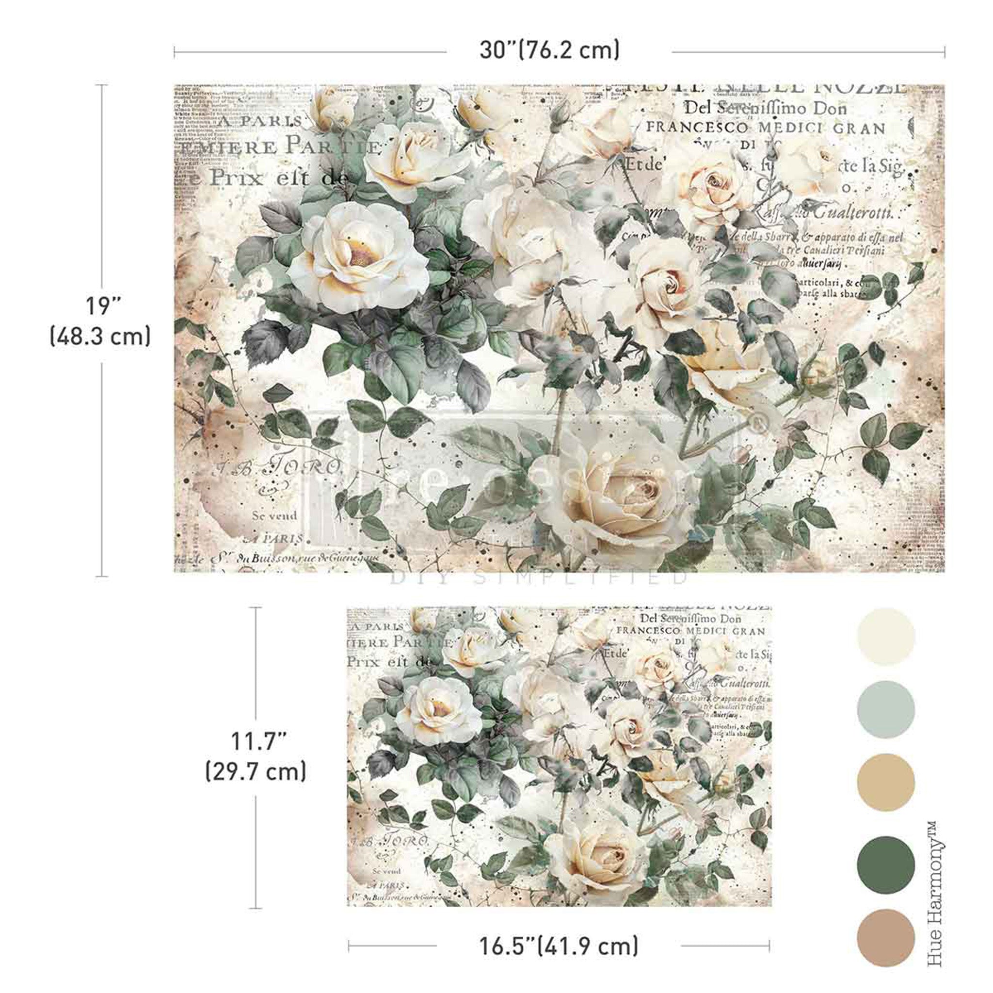 Two sheets of ReDesign with Prima's My Garden Whimsy fiber papers are against a white background with 5 matching color samples. Measurements for both sheets read: 30" (76.2 cm) by 19" (48.3 cm) and 11.7" (29.7 cm) by 16.5" (41.9 cm).