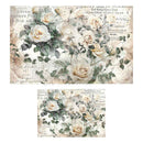 Two different size sheets of fiber paper featuring creamy white roses against vintage French writing are against a white background.
