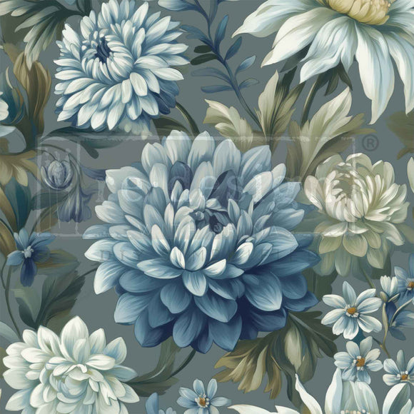 Floral pattern with blue and white flowers on a gray background