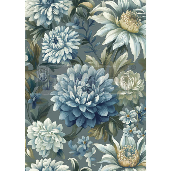 Floral pattern with blue and green flowers on a gray background