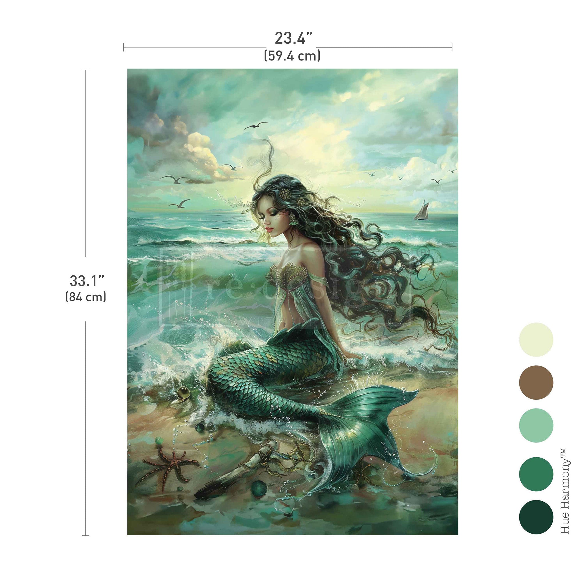 Decoupage paper of mermaid sitting on a rock with ocean and sky background with measurements: 23.4" x 33.1"