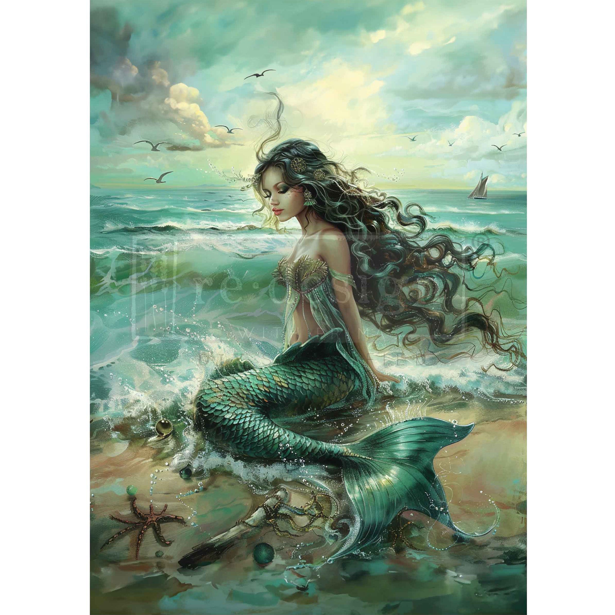 Decoupage paper of mermaid sitting on a rock with ocean and sky background