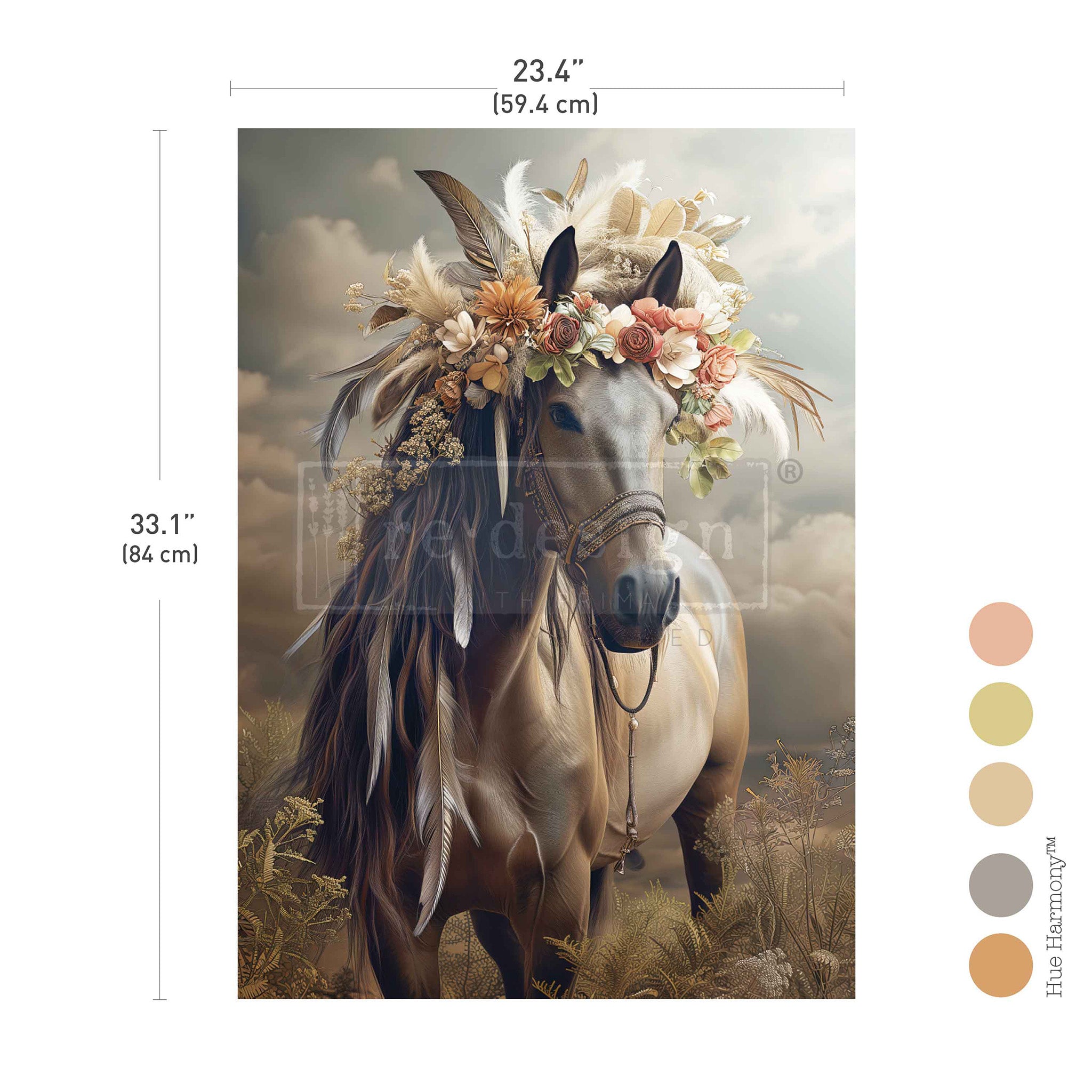Horse with floral headpiece and measurements on a white background with measurements of design: 23.4" x 33.1"