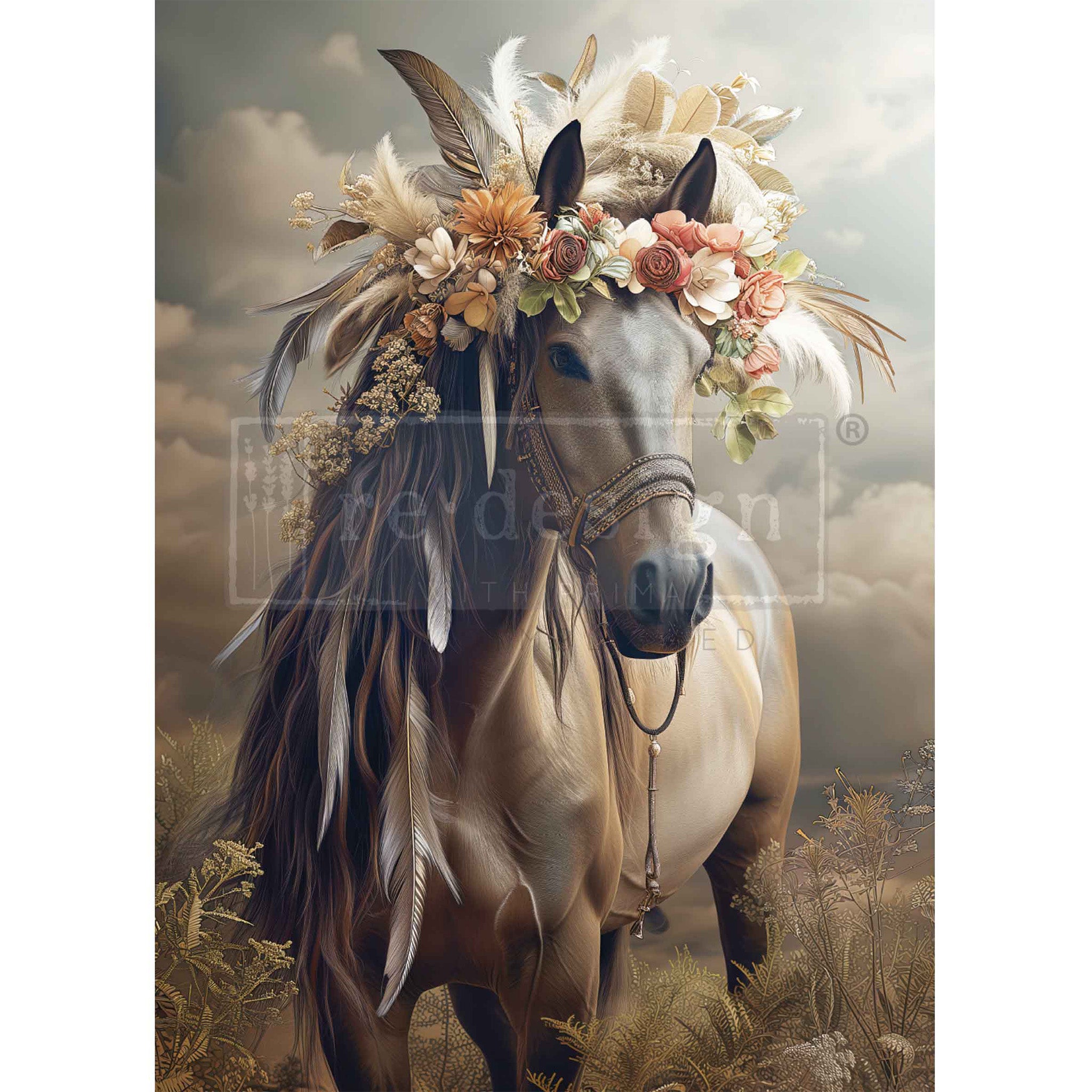 Horse with floral and feather headpiece in a natural setting