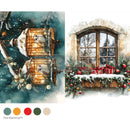 Two Christmas-themed images: a bird cage and a window with presents and decorations, with color swatches below.