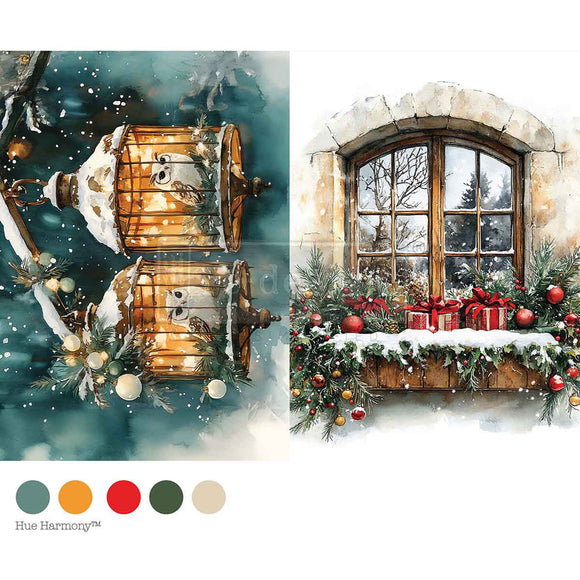 Two Christmas-themed images: a bird cage and a window with presents and decorations, with color swatches below.