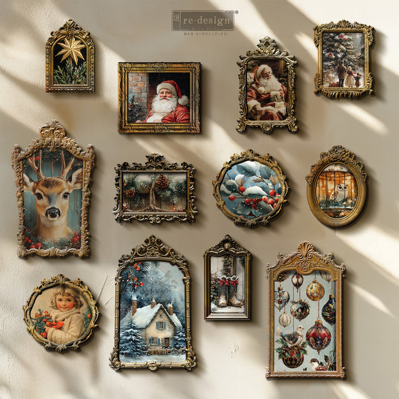 Collection of framed artworks on a wall, featuring various scenes and subjects.