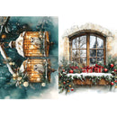 Two Christmas-themed illustrations: one of a glowing bird cage in a snowy scene, the other of a window with festive decorations.