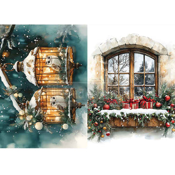 Two Christmas-themed illustrations: one of a glowing bird cage in a snowy scene, the other of a window with festive decorations.
