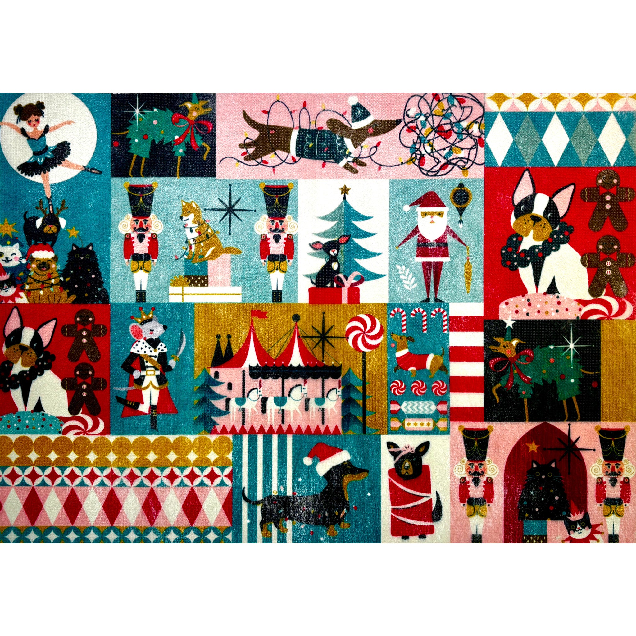 A3 fiber paper featuring a collage of vintage Nutcracker designs and a variety of dogs in Christmas decorations. White borders are on the top and bottom.