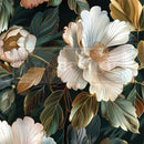 Decorative floral pattern with large flowers and leaves on a dark background