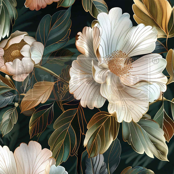 Decorative floral pattern with large flowers and leaves on a dark background