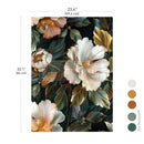 Floral pattern with measurements and color swatch on a white background
