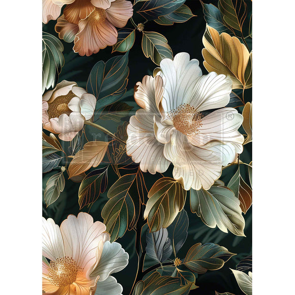 Floral pattern with large flowers and leaves on a dark background