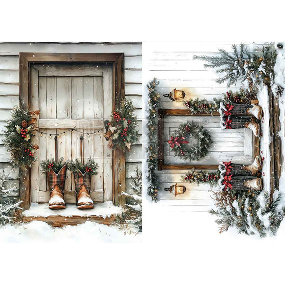 Decorative winter scene with a wooden door, wreaths, and boots on a snowy background.