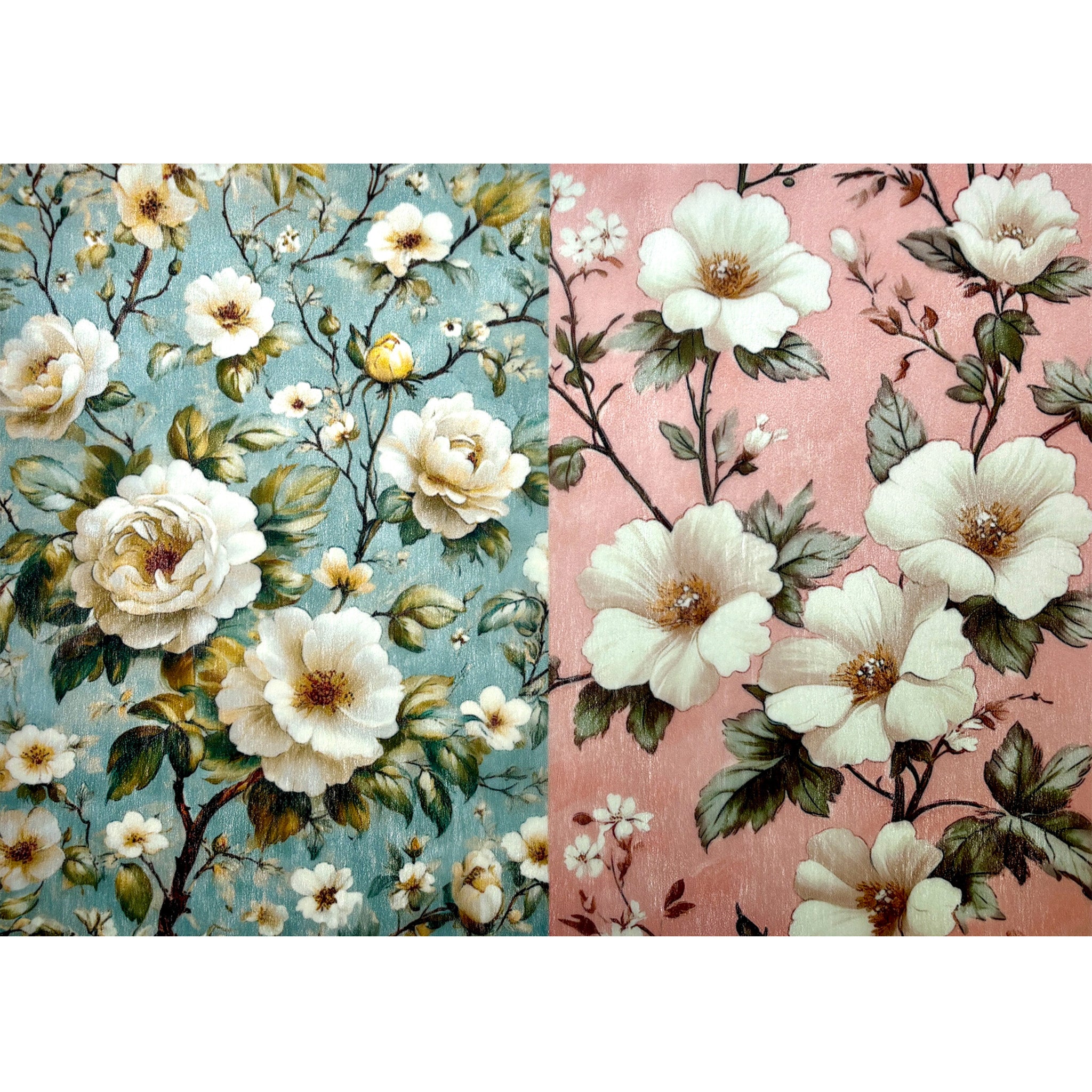 A3 fiber paper featuring 2 designs of white flowers, 1  against a blue background and the other against pink. White borders are on the top and bottom.