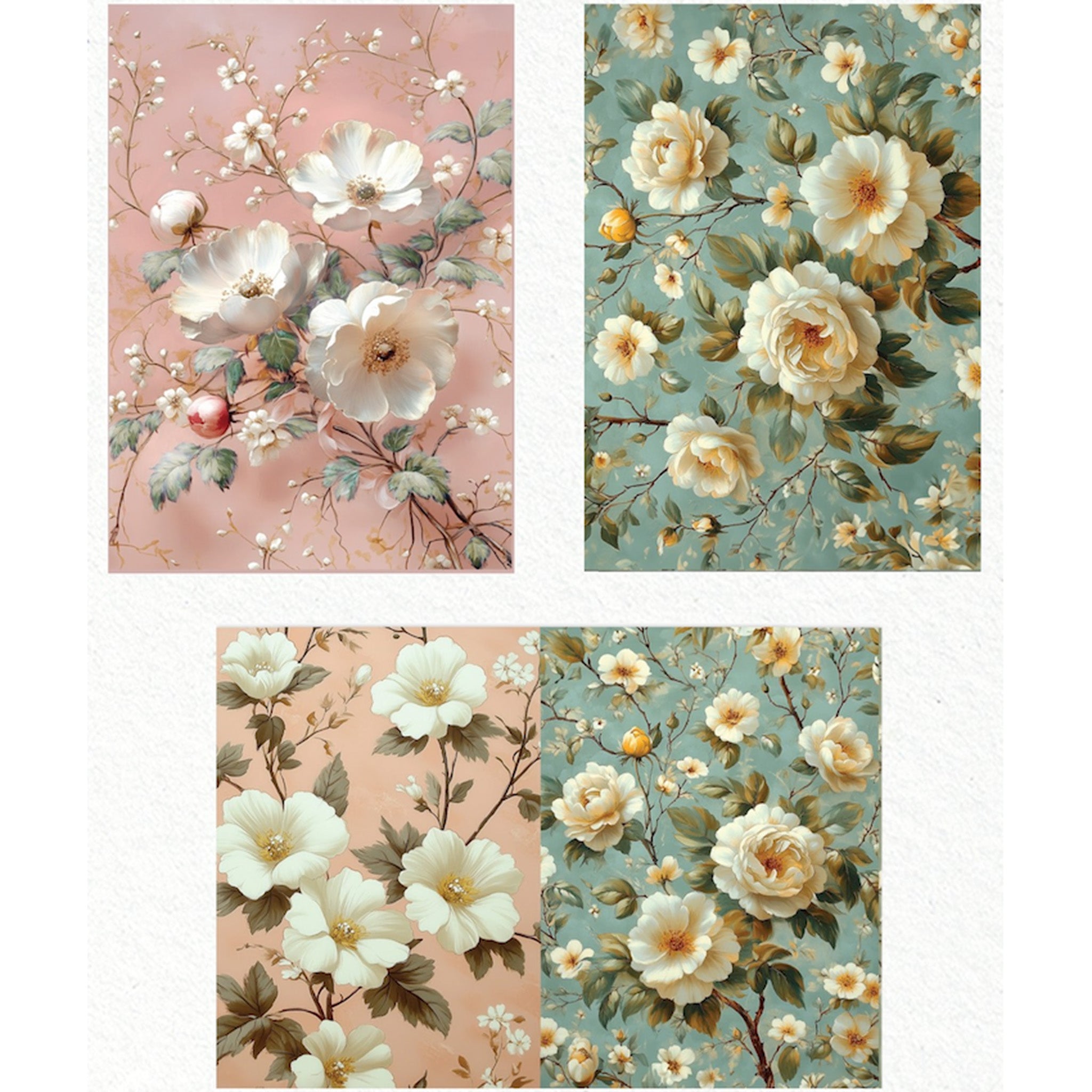 Three sheets of fiber papers against a white background feature 4 scenes of cream flower blooms against 2 soft pink and 2 soft teal backgrounds.