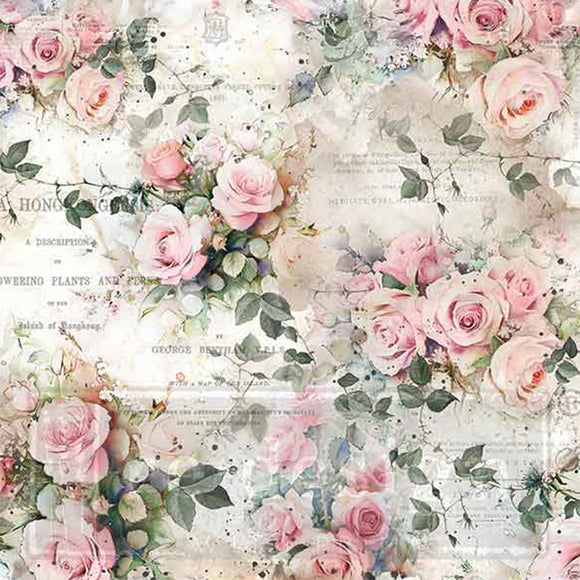 Close-up of a fiber paper design featuring blooming pink roses and greenery against vintage text.
