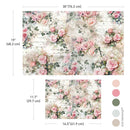 Two sheets of ReDesign with Prima's Rosy Reverie fiber papers are against a white background with 5 matching color samples. Measurements for both sheets read: 30" (76.2 cm) by 19" (48.3 cm) and 11.7" (29.7 cm) by 16.5" (41.9 cm).