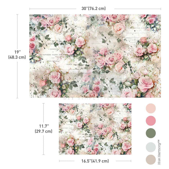 Two sheets of ReDesign with Prima's Rosy Reverie fiber papers are against a white background with 5 matching color samples. Measurements for both sheets read: 30" (76.2 cm) by 19" (48.3 cm) and 11.7" (29.7 cm) by 16.5" (41.9 cm).