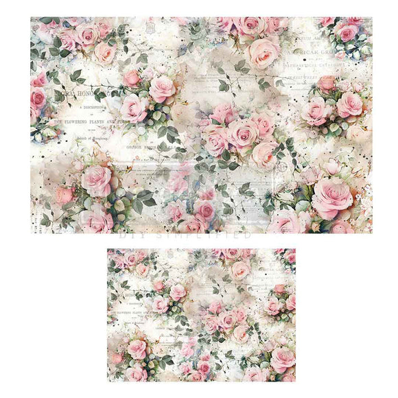Two sheets of different size fiber papers featuring blooming pink roses and greenery against vintage text are against a white background.
