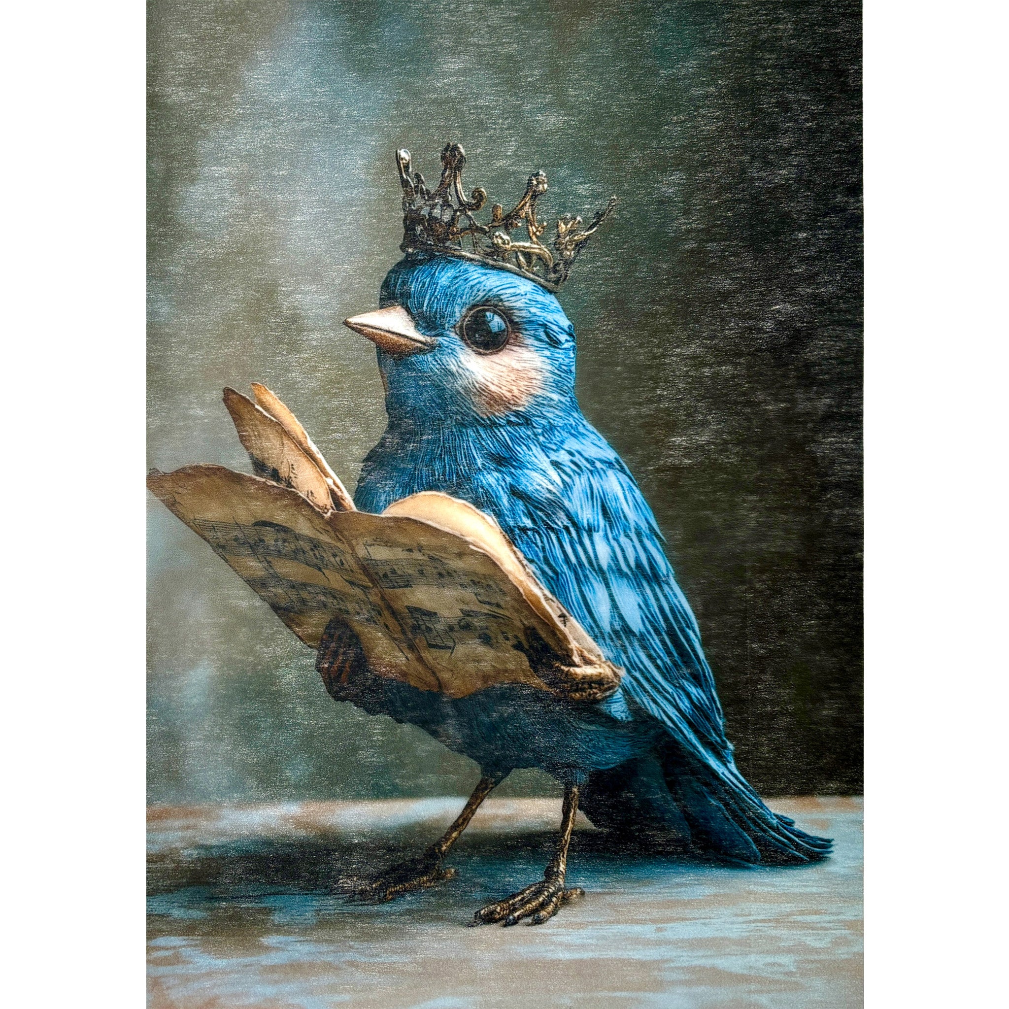 A3 fiber paper featuring a blue bird wearing a crown holding vintage sheet music. White borders are on the sides.