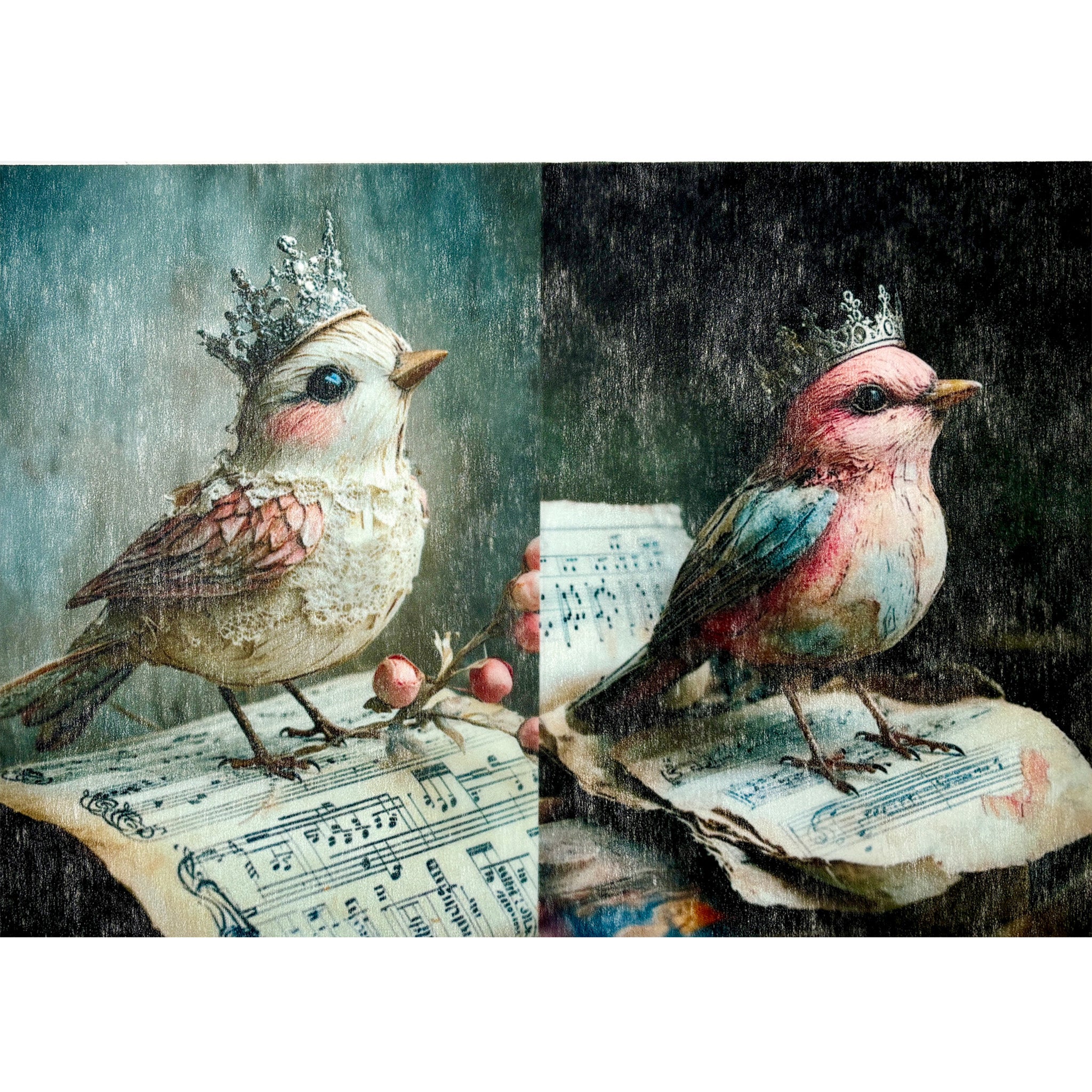 A3 fiber paper featuring 2 designs of small pink birds in crowns standing on sheet music. White borders are on the top and bottom.