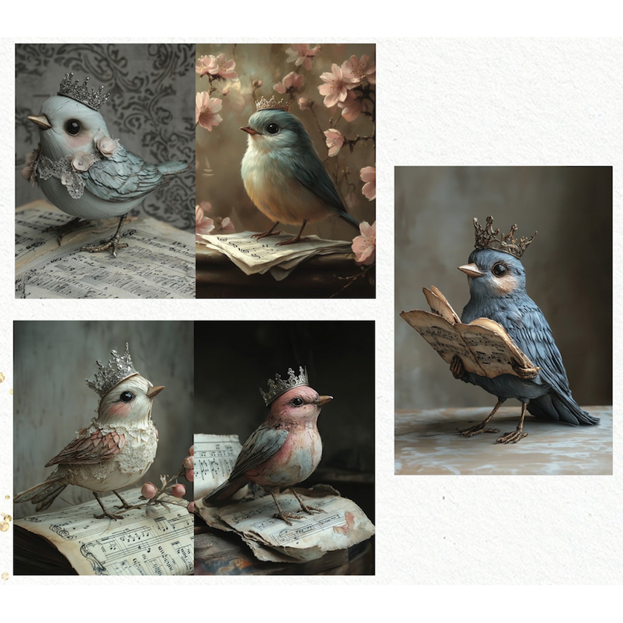 Three sheets of fiber paper against a white background feature 5 scenes of little birds with sheet music wearing crowns. 