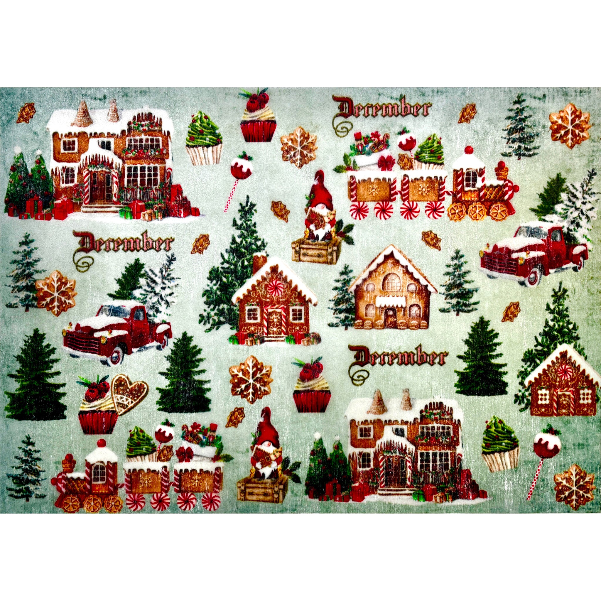 A3 fiber paper featuring designs of gingerbread houses and vintage red trucks against a light blue background. White borders are on the sides.