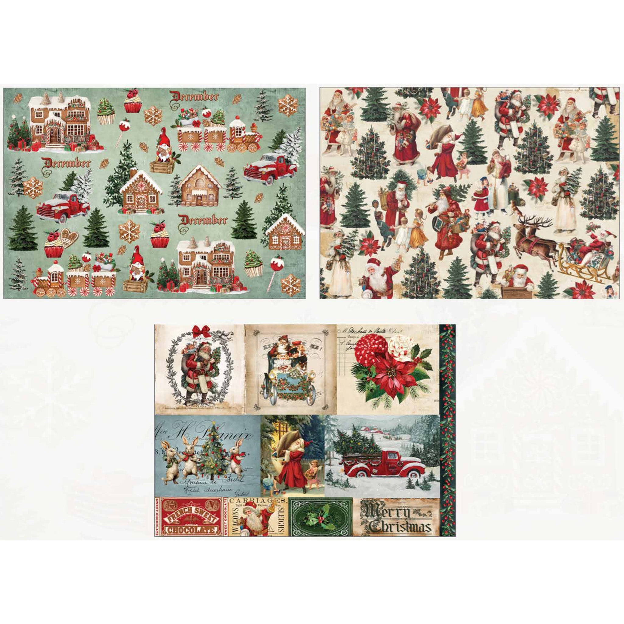 Three sheets of A3 fiber papers featuring festive designs full of gingerbread villages, vintage trucks, Santa, reindeer, and Christmas trees are against a white background.