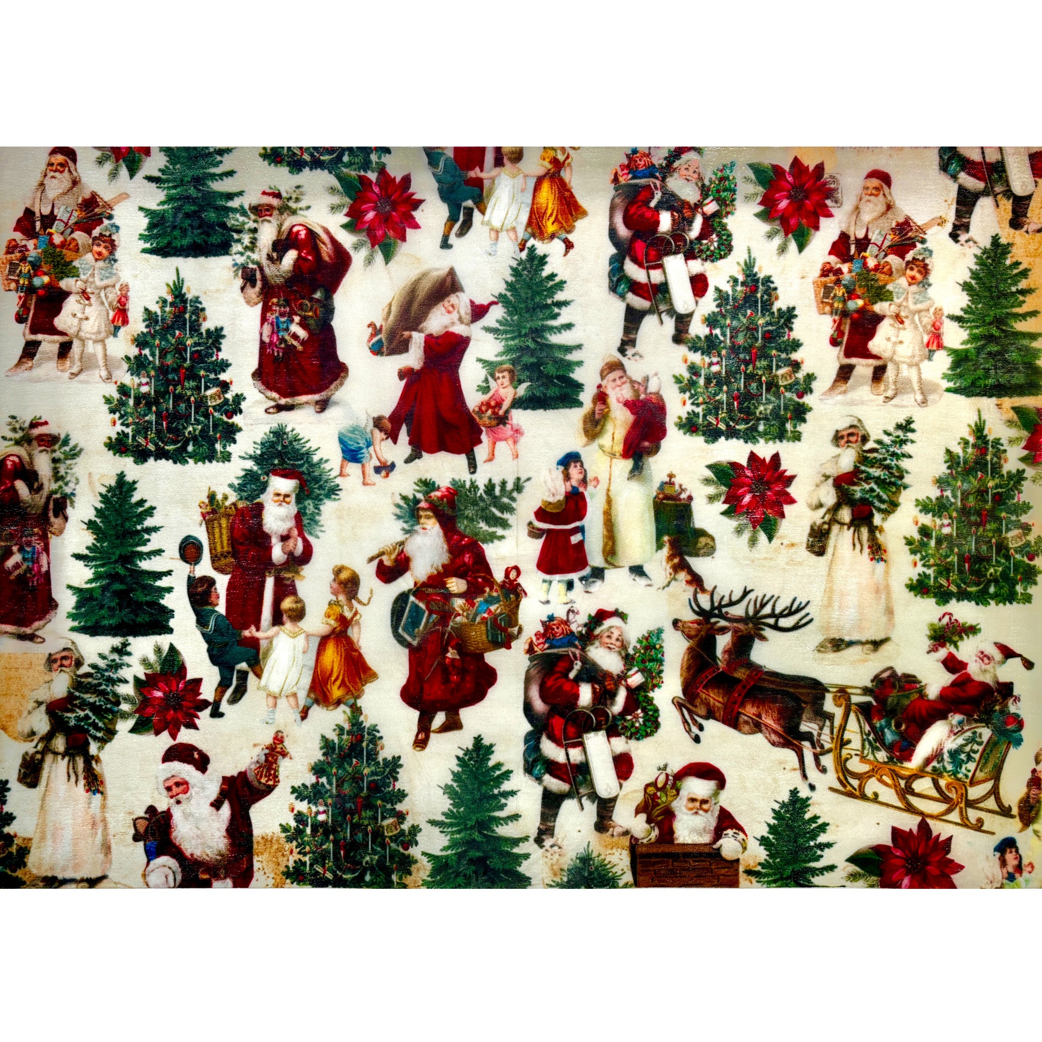 A3 fiber paper featuring vintage designs of Santa and Christmas trees. White borders are on the top and bottom.