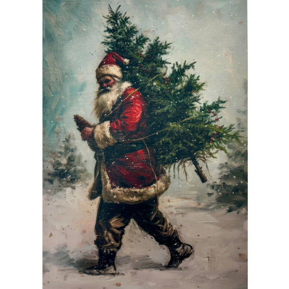 A3 fiber paper featuring Santa strolling in the snow with a Christmas tree tied on his back.