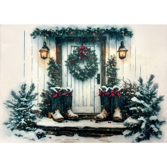 A3 fiber paper featuring a snow covered front porch decorated with Christmas garlands and a wreath and 2 pairs of boots with red bows.