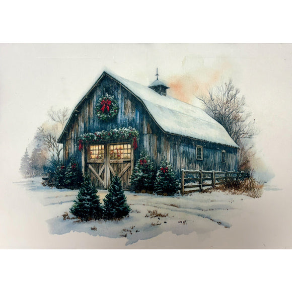 A3 fiber paper featuring a snow-overed barn with small Christmas trees outside.