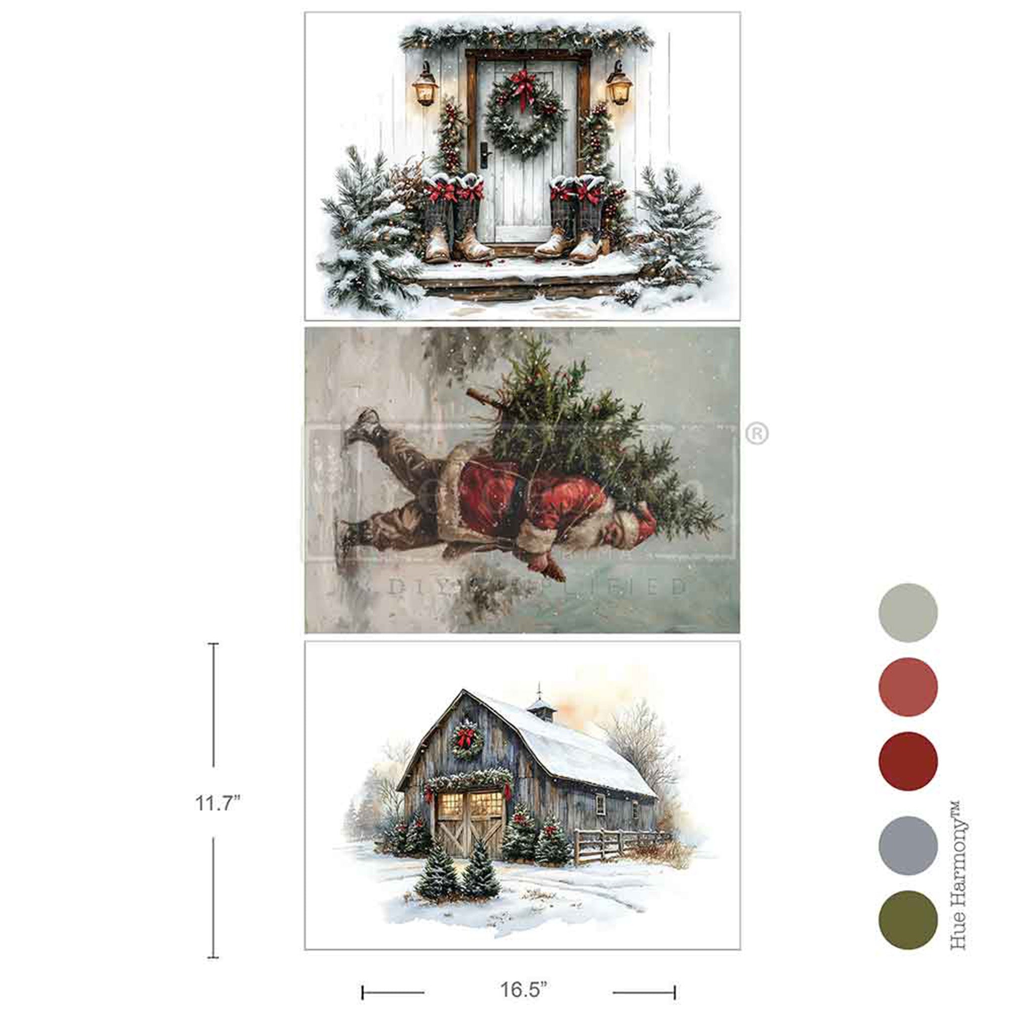 Three sheets of ReDesign with Prima's Santa's Woodland Stroll A3 fiber papers are against a white background with 5 color samples to the right. Measurements for 1 sheet reads: 11.7" x 16.5".