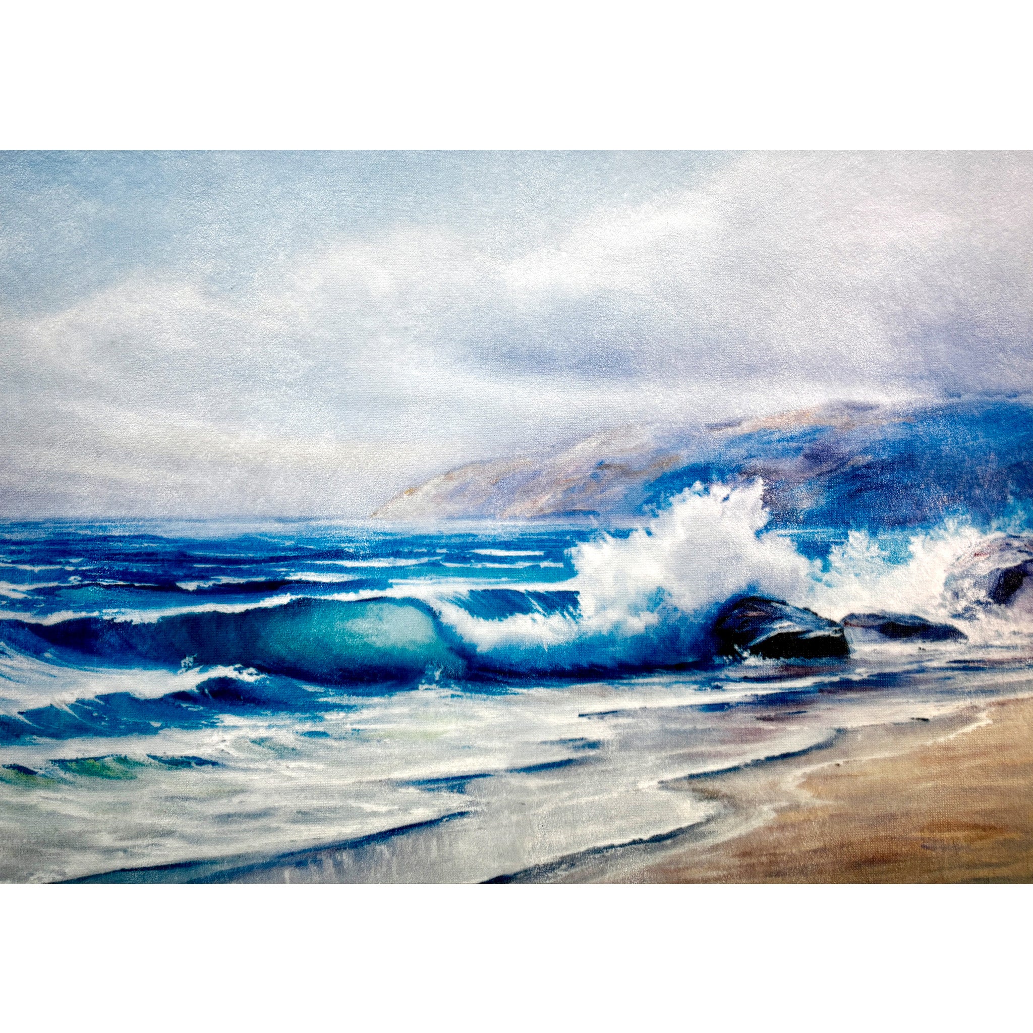 A3 fiber paper featuring crashing waves on a beach. White borders are on the top and bottom.