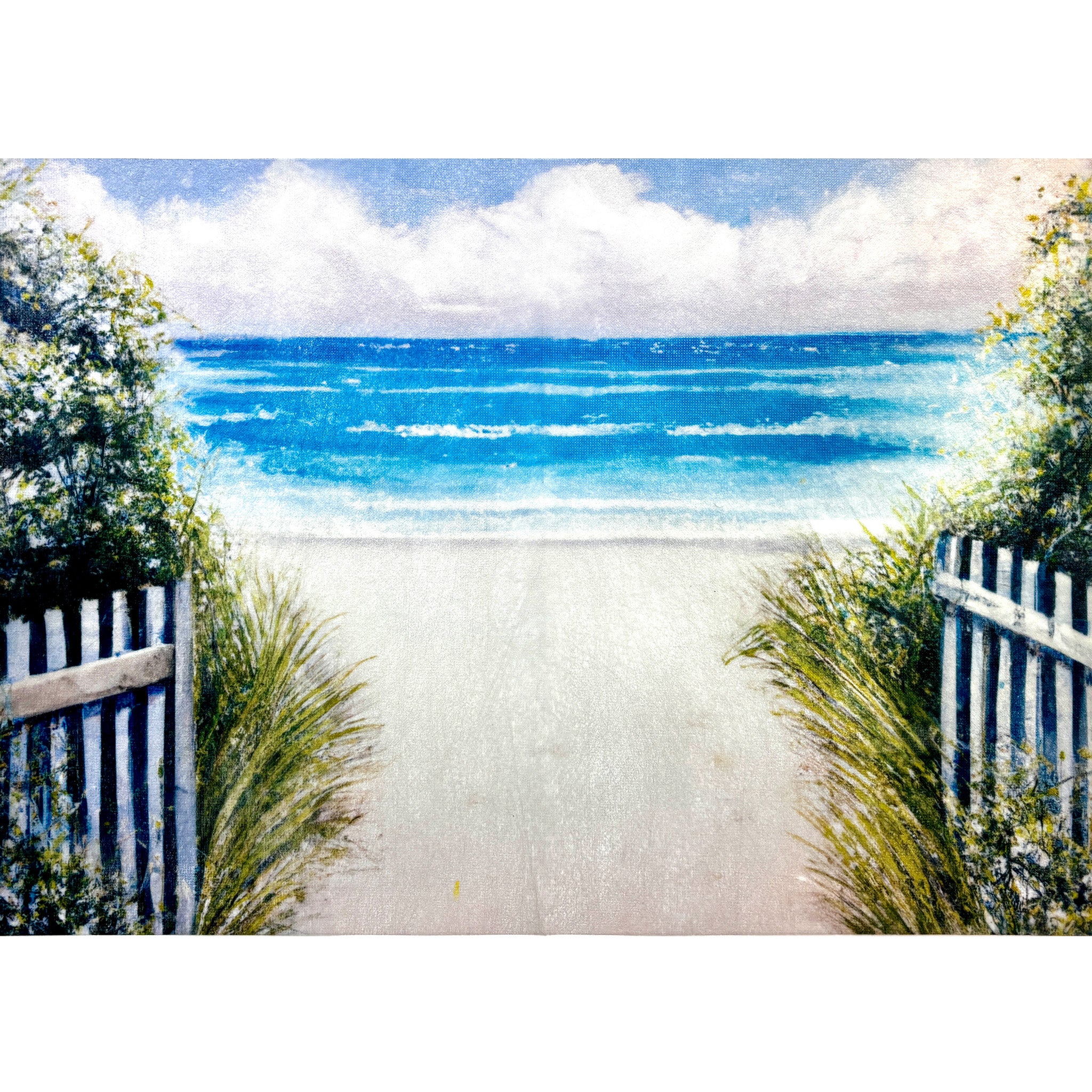 A3 fiber paper featuring a grassy white picket fence entrance to a beach. White borders are on the top and bottom.