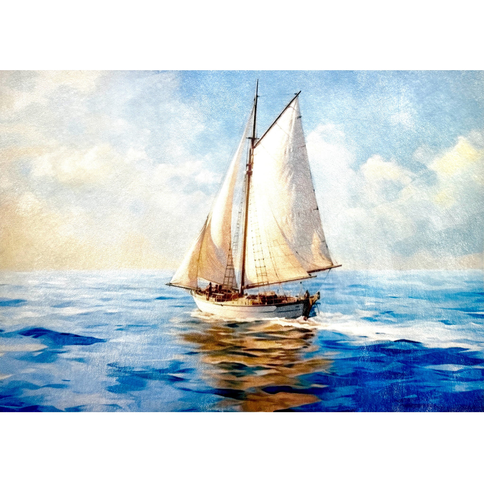 A3 fiber paper featuring a sailboat on calm waters. White borders are on the top and bottom.