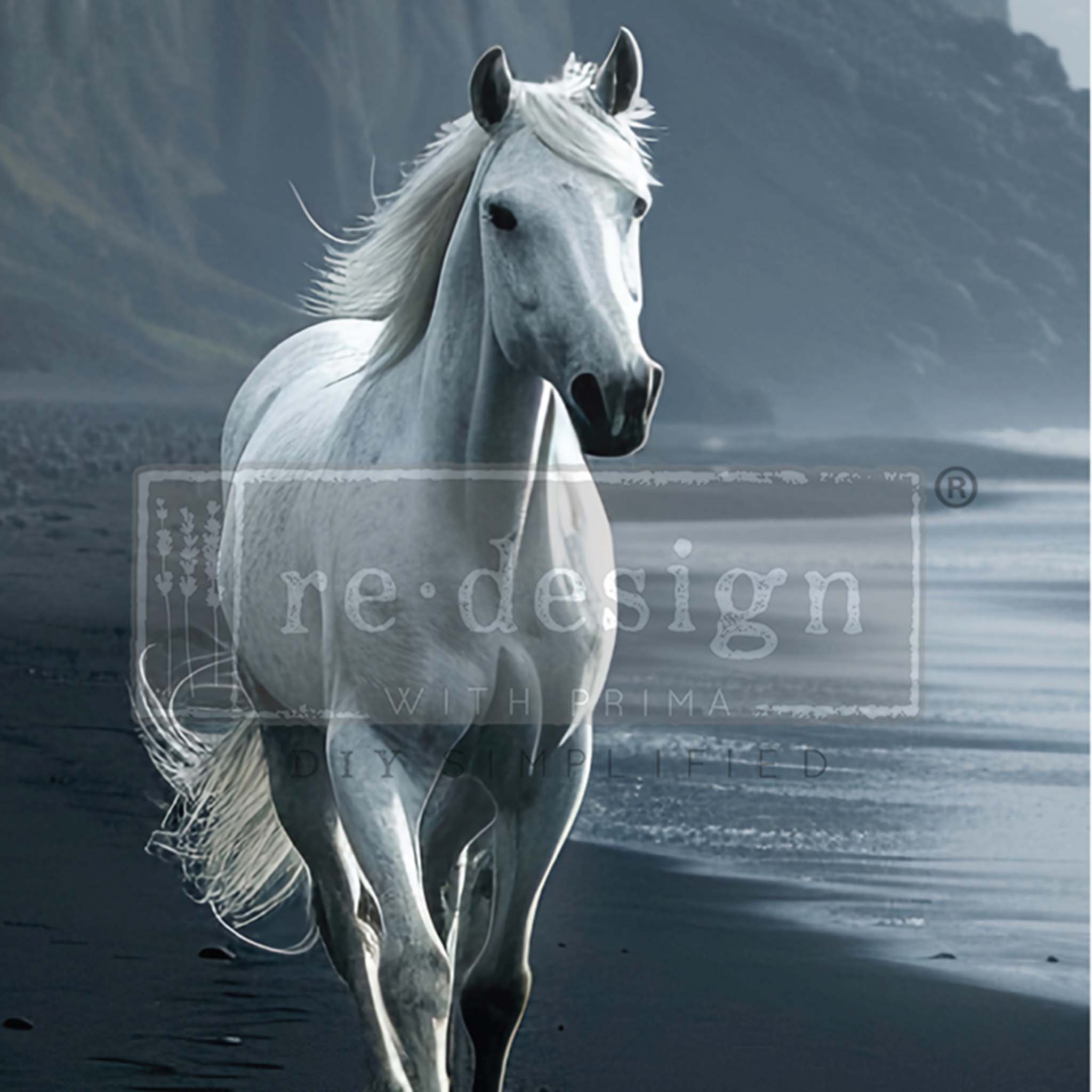 Close-up of an A1 fiber paper that features a stunning white horse galloping along a black sands shore against a backdrop of rocky hills.