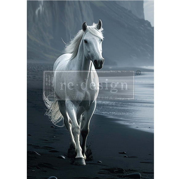 A1 fiber paper that features a stunning white horse galloping along a black sands shore against a backdrop of rocky hills. White borders are on the sides.