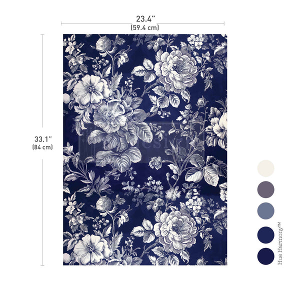 Floral patterned fabric with measurements (23.4" x 33.1") and color swatches on a white background