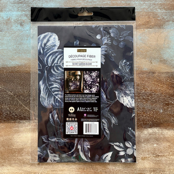 Packaging of decoupage fiber with floral design on a textured surface