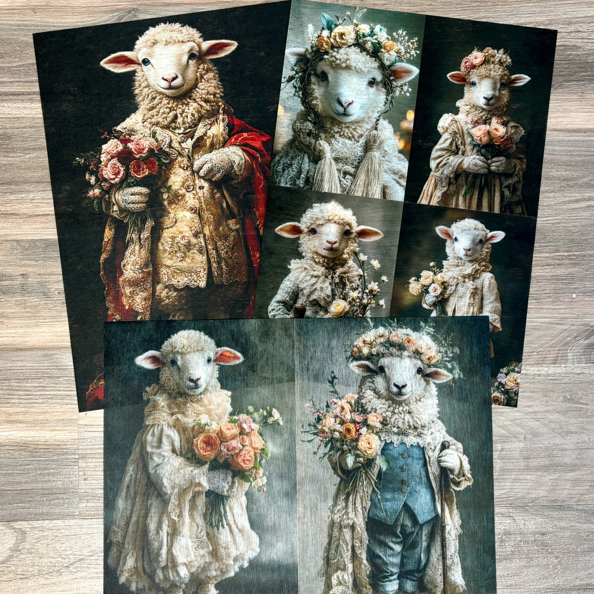 Three sheets of A3 fiber papers featuring 7 scenes of sheep in vintage clothing holding bouquets of roses are against a light wood background.