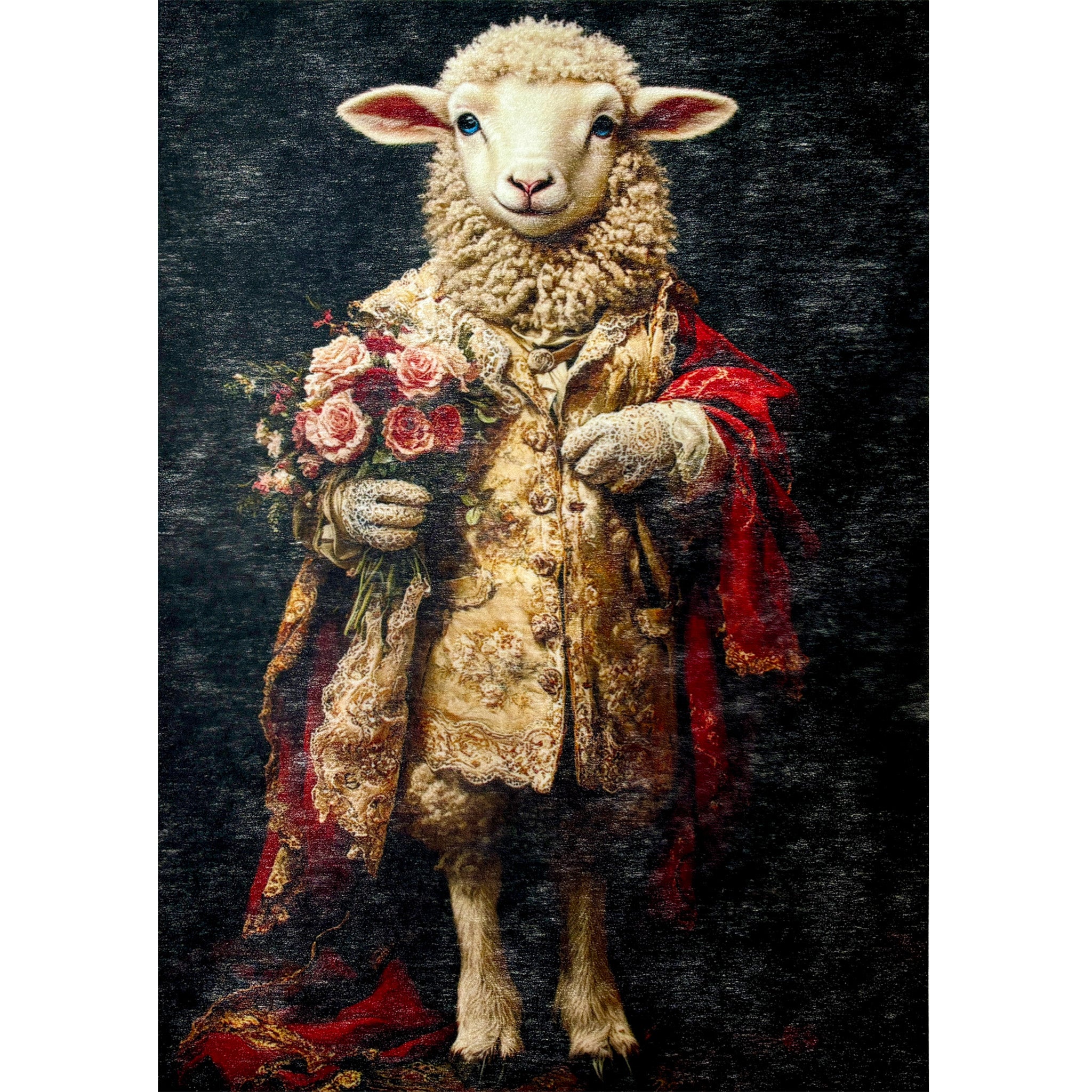 A3 fiber paper featuring a portrait of a sheep wearing vintage clothes and a cloak and holding a bouquet of flowers. White borders are on the sides.