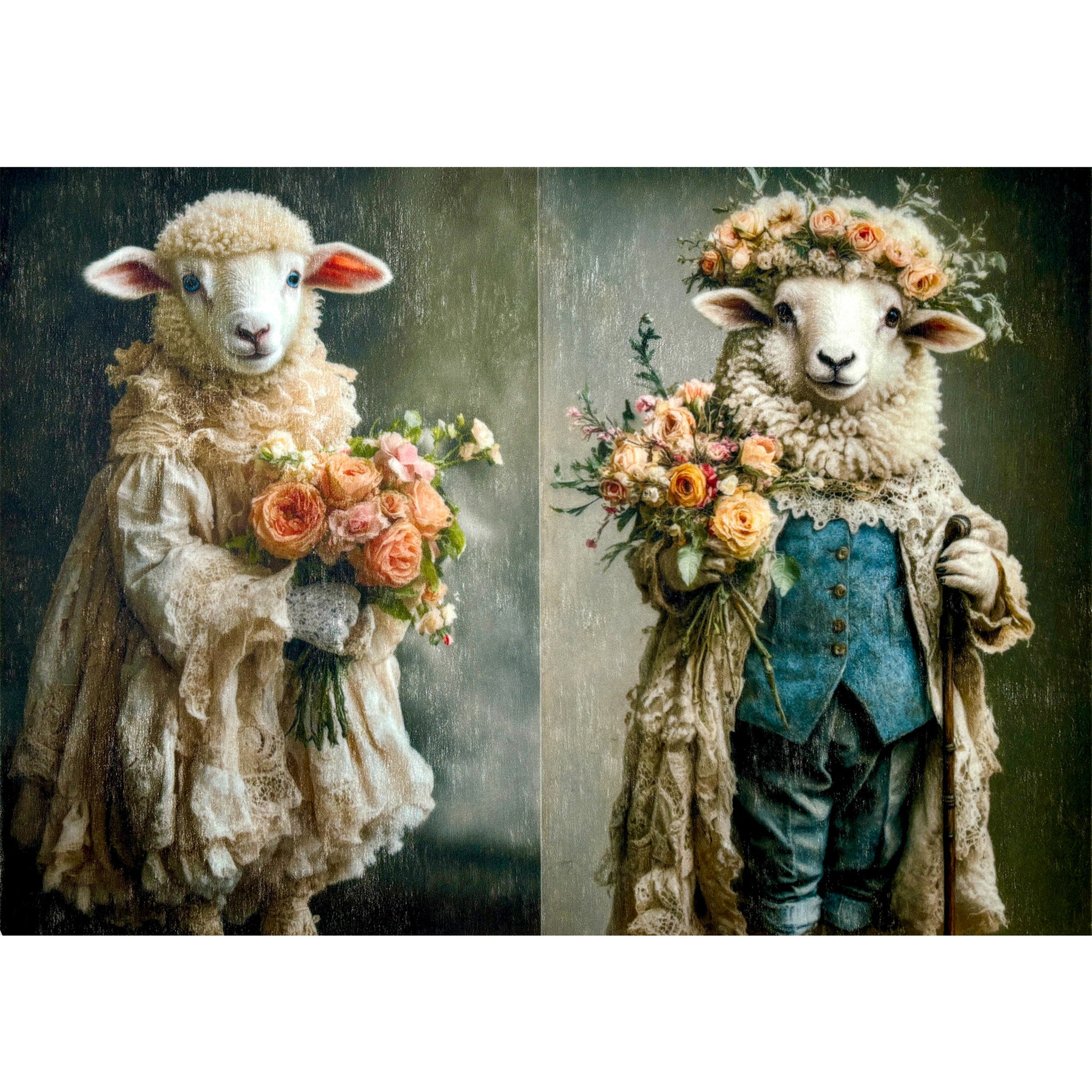 A3 fiber paper featuring 2 designs of portraits of sheep in vintage clothes holding bouquets of flowers. White borders are on the top and bottom.