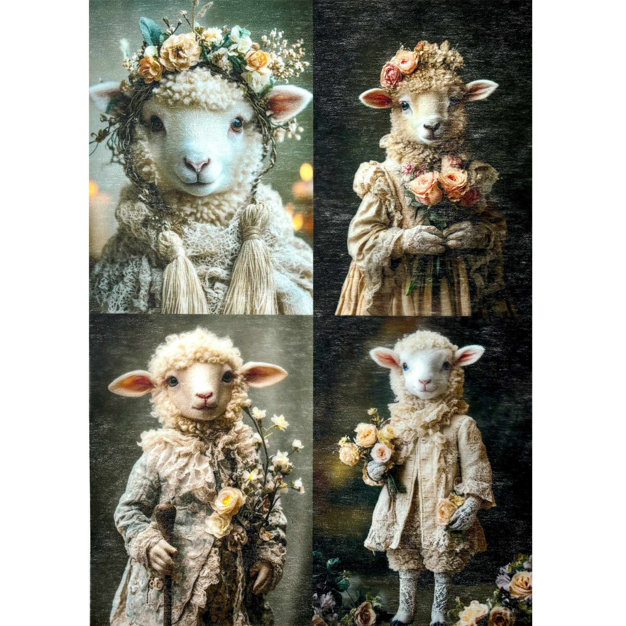 A3 fiber paper featuring 4 designs of portraits of sheep in vintage clothes and adorned in flowers. White borders are on the sides.