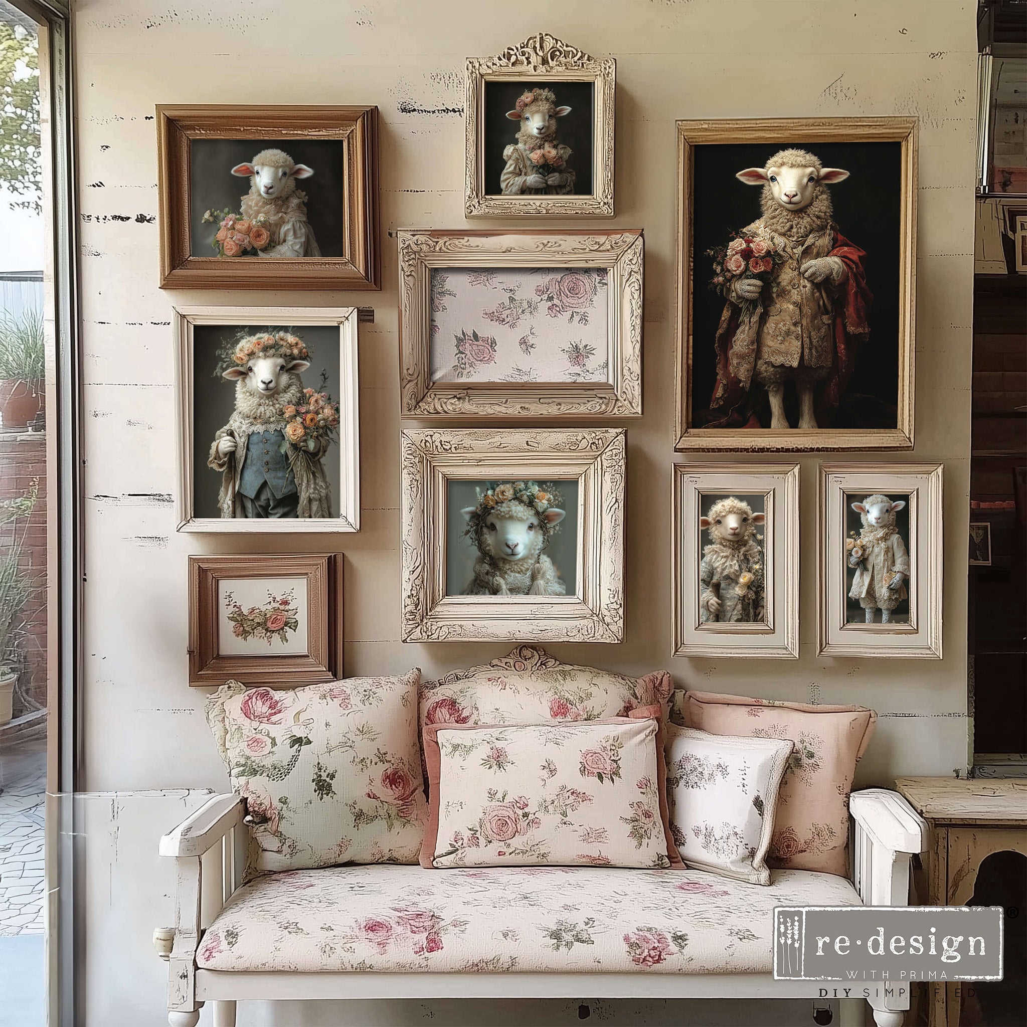 A gallery wall of wood photo frames feature ReDesign with Prima's Sheepish Elegance A3 fiber paper in them. A small white bench with vintage floral cushions sits under the gallery wall.