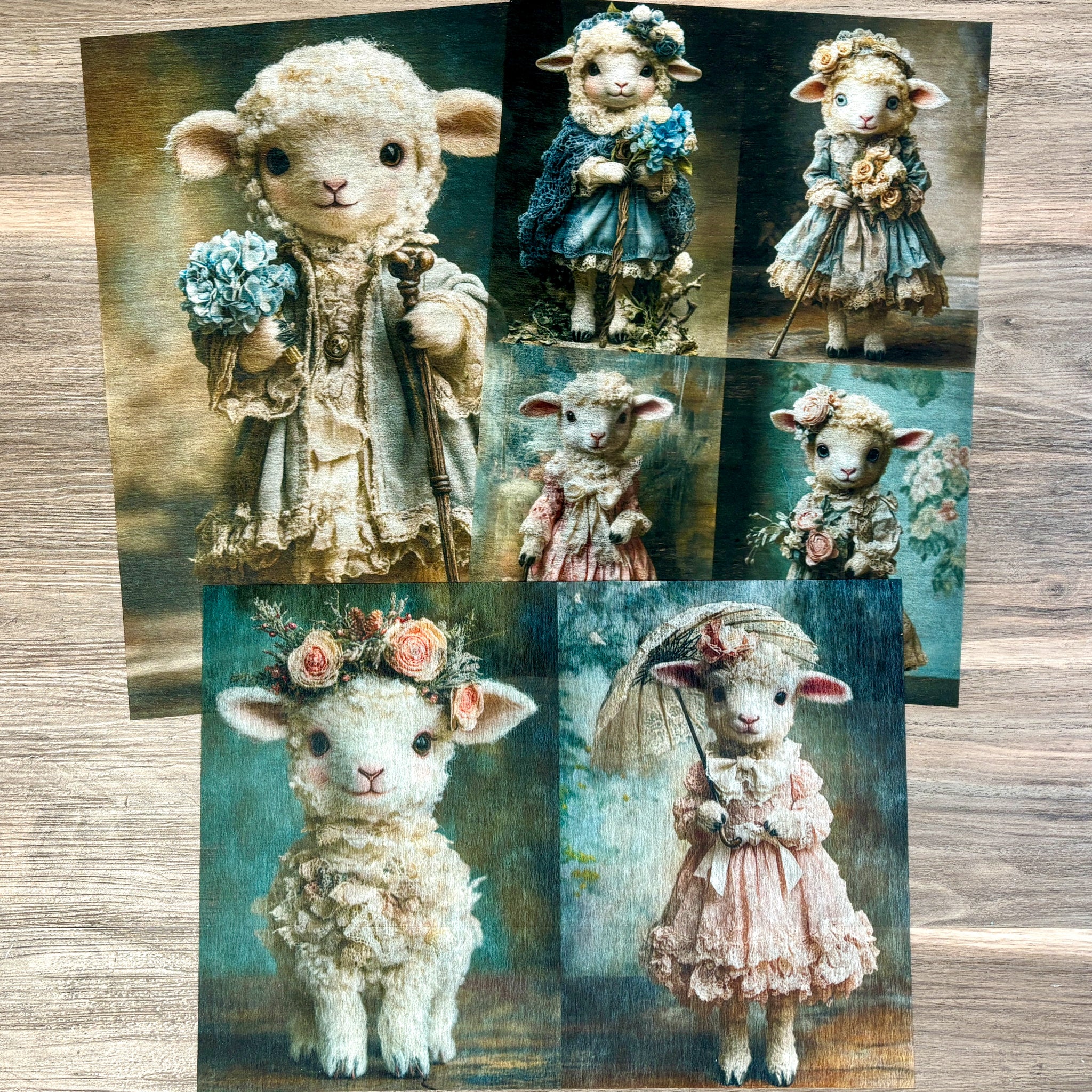 Three sheets of A3 fiber papers featuring 7 scenes of adorable lambs in vintage clothes are against a light wood background.